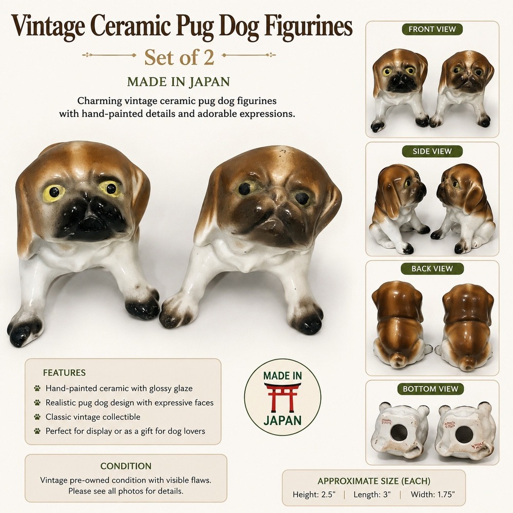 Vintage Ceramic Pug Dog Figurines Set of 2 Made in Japan Hand Painted Brown